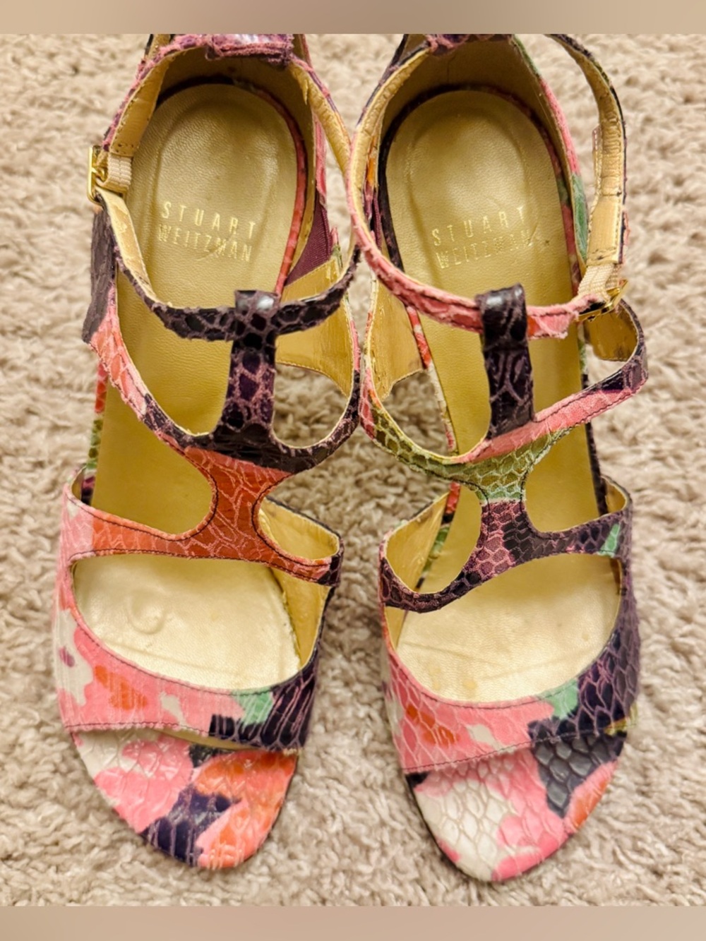 Stuart Weitzman Pink Floral Snake-Print Strappy Stiletto Sandals Size 8.5 - Picture 3 of 14